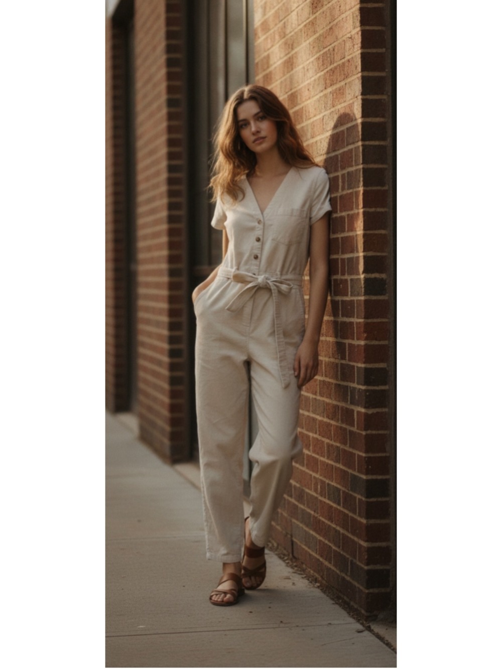 Abercrombie & Fitch cream coloured corduroy short sleeve jumpsuit with tie Sml